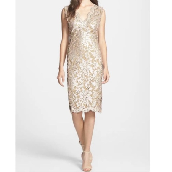 Tadashi Shoji Gold Embellished Sequin V Neck Cocktail MIDI Dress - Reemoly - Picture 1 of 14
